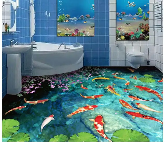 Custom photo floor wallpaper 3 d floor Stream carp pond in the bathroom 3d mural PVC wallpaper  Custom photo floor wallpaper 3 d floor Stream carp pond in the bathroom 3d mural PVC wallpaper