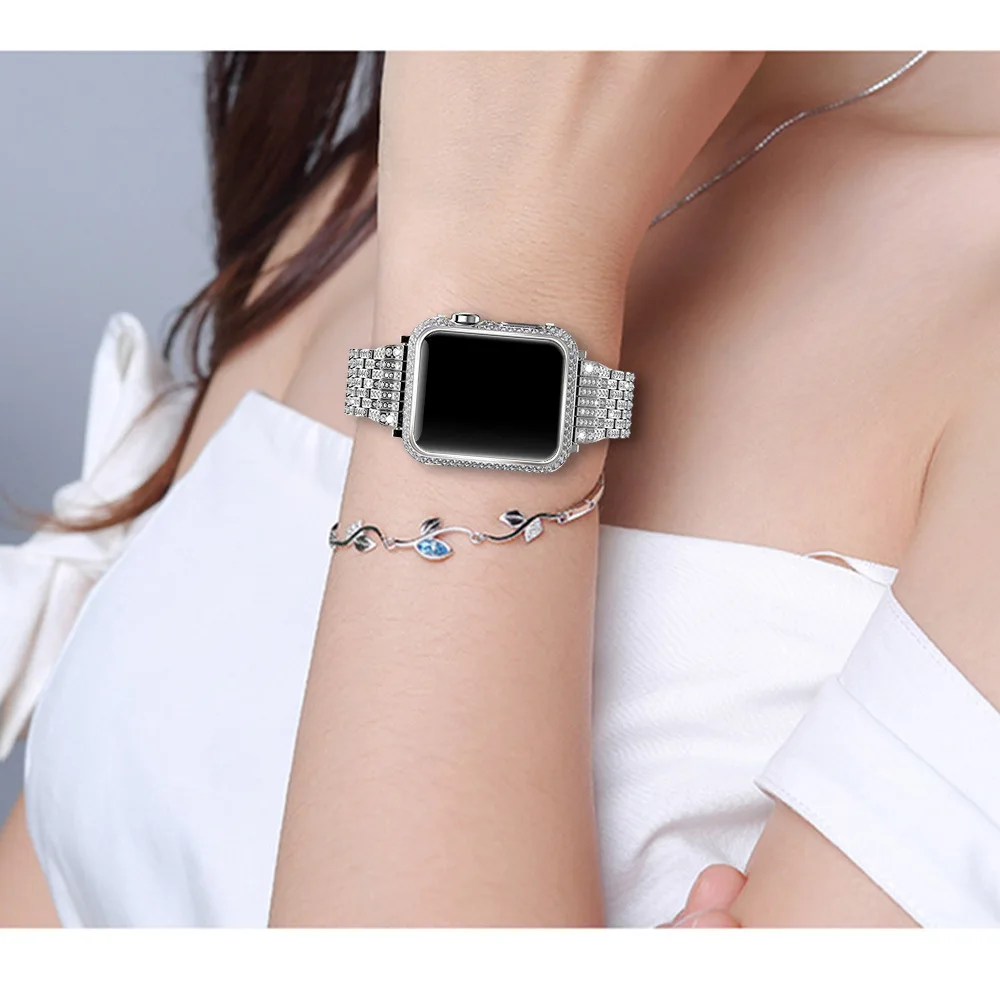 Роскошный чехол со стразами+ ремешок из нержавеющей стали для Apple Watch Series 5 4 3 2 1, браслет iWatch 38 мм 42 мм 40 мм 44 мм для женщин