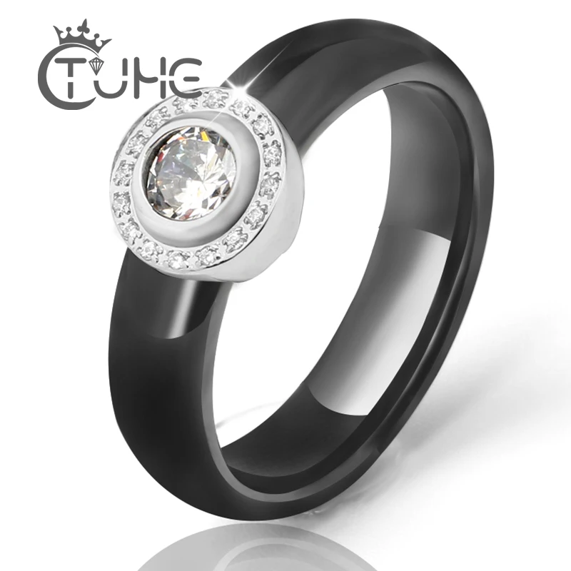 

Hot White Big Crystal Wedding Rings 6 mm Black White Ceramic Rings For Women Stainless Steel Circle Ring Wedding Jewelry Gift