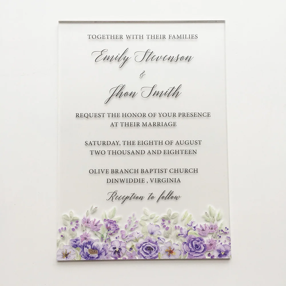  100 Sets Per Lot Purple Floral Watercolor 5x7inch Frosted Acrylic Wedding Invitation Cards - 32868600334