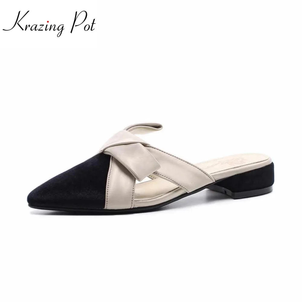 

Krazing pot 2018 silk velvet brand luxury med heels mules woman slipper simple pointed toe summer high street fashion shoes L61