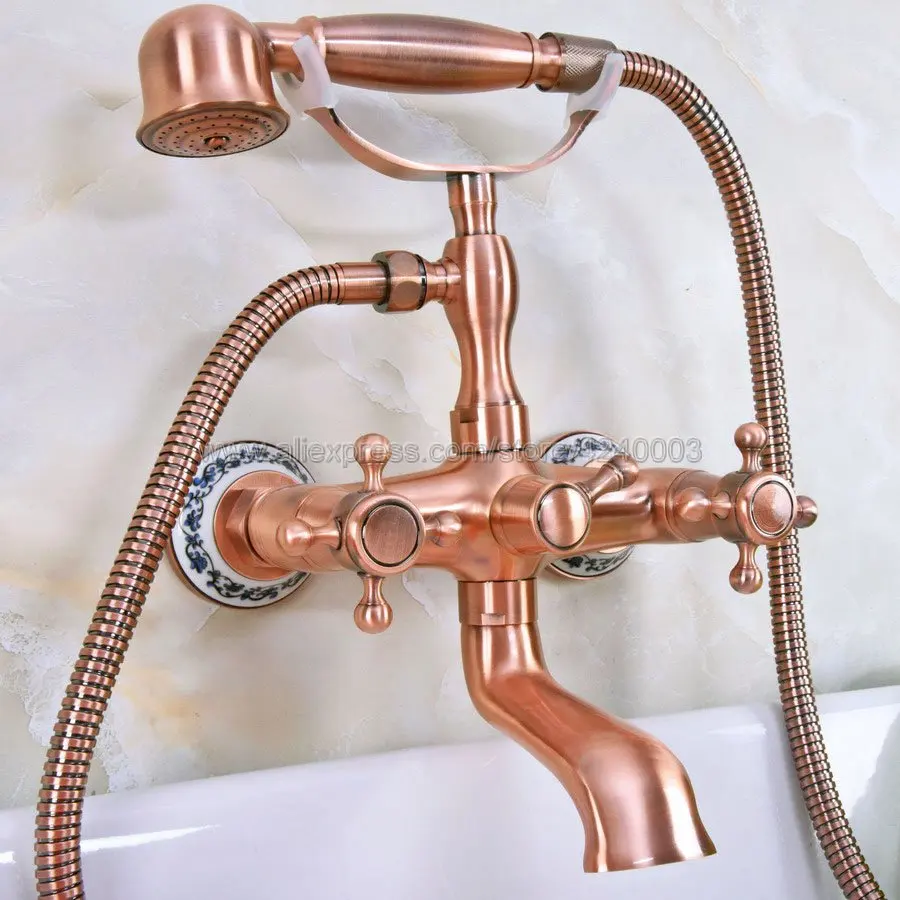 

Antique Red Copper Bathroom Tub Faucet Telephone Style Bathroom Bathtub Wall Mounted With Handshower Swive Tub Spout Kna338