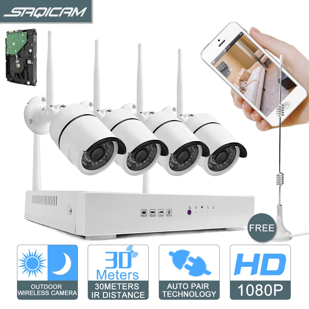Saqicam 4CH Wireless CCTV System 1080P 2.0MP WiFi NVR 4pcs IR Waterproof Outdoor Security IP Camera Home Video Surveillance Kit |