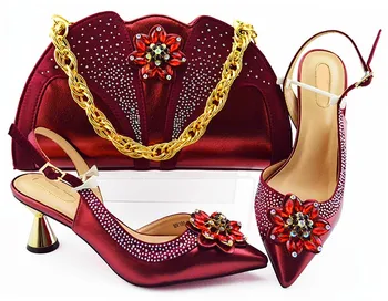 

Beautiful wine women pumps match handbag set with crystal flower style african shoes and bag for dress MM1085