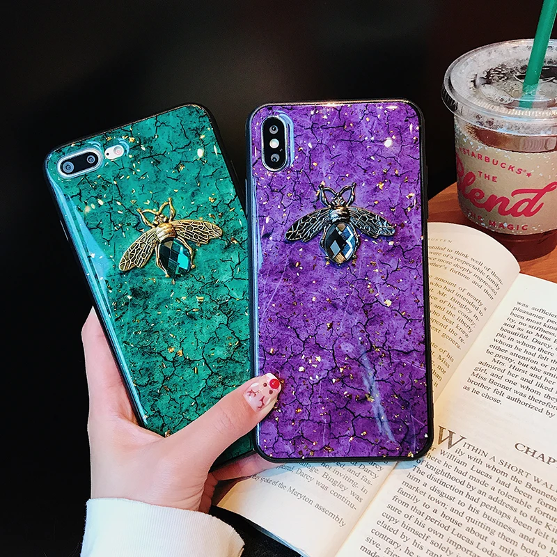 Abbery Luxury Metal Diamond Bee Marble Bling Glitter Phone