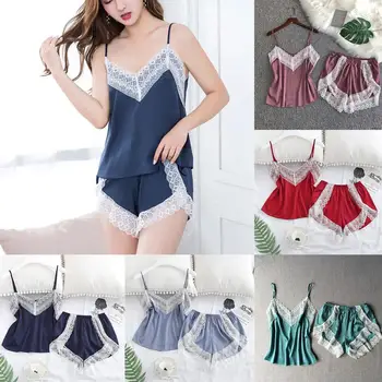 

Women Casual Spaghetti Strap Top Shorts Regular Patchwork Lace Pajamas Sleepwear Loose Sleeping Set Summer