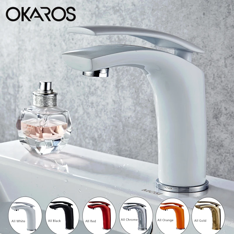 Kaufen OKAROS Waschbecken Wasserhahn Wasserhahn Bad Wasserhahn Solide Weiß Schwarz Rot Messing Chrom Gold Finish Single Griff Wasser Waschbecken Tap mixer
