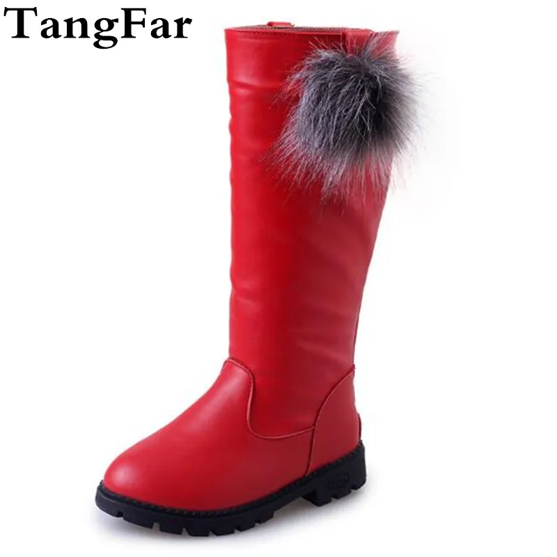 

New Children PU Leather Knee High Snow Boots Elegant Plush Girls Fur Martin Boots Hairball Princess Kids Botas