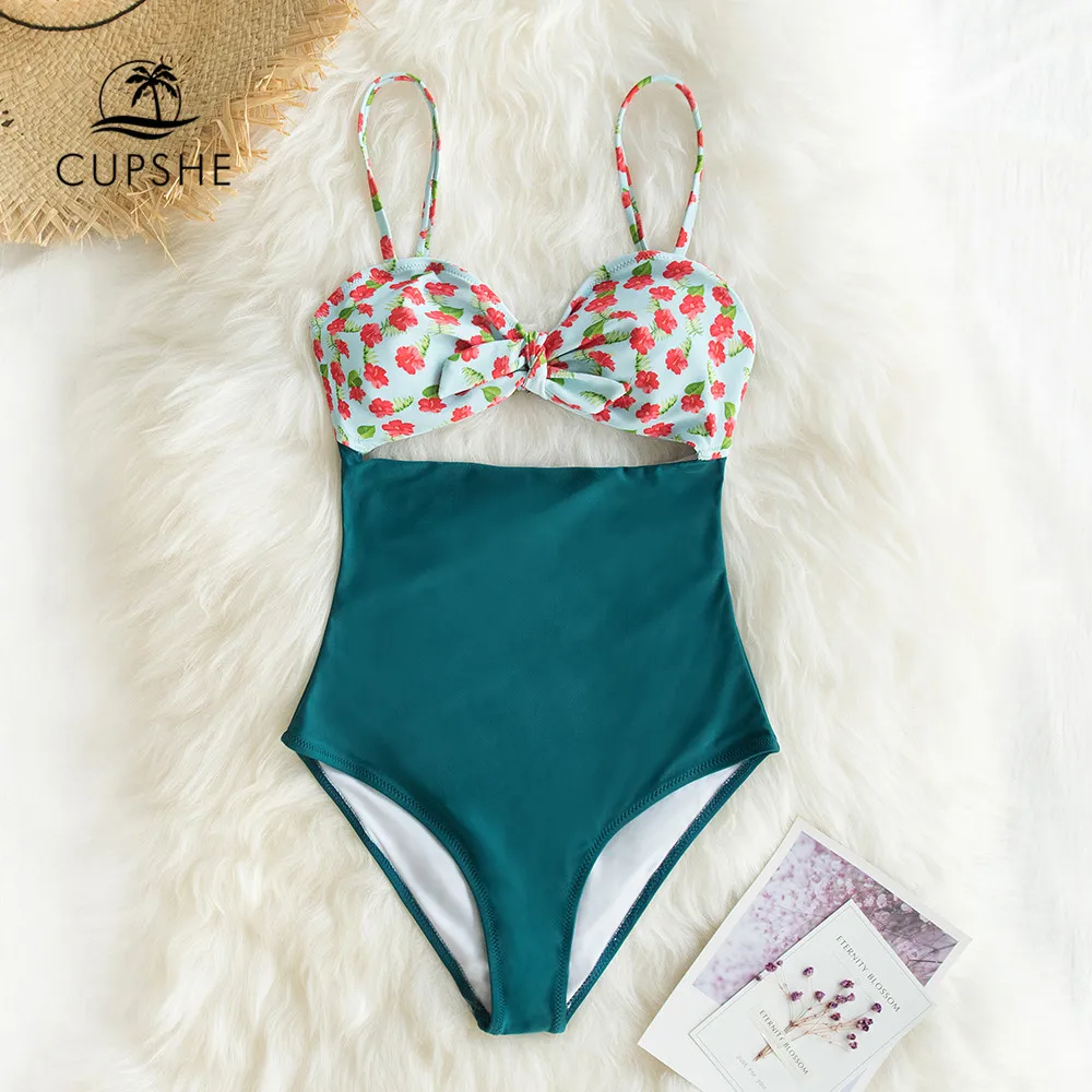 Günstig CUPSHE Mini Hibiscus und Feste Blaue Einteiliges Badeanzug Sexy Cut Out Bowknot Frauen Monokini 2020 Mädchen Strand Bade anzug Bademode