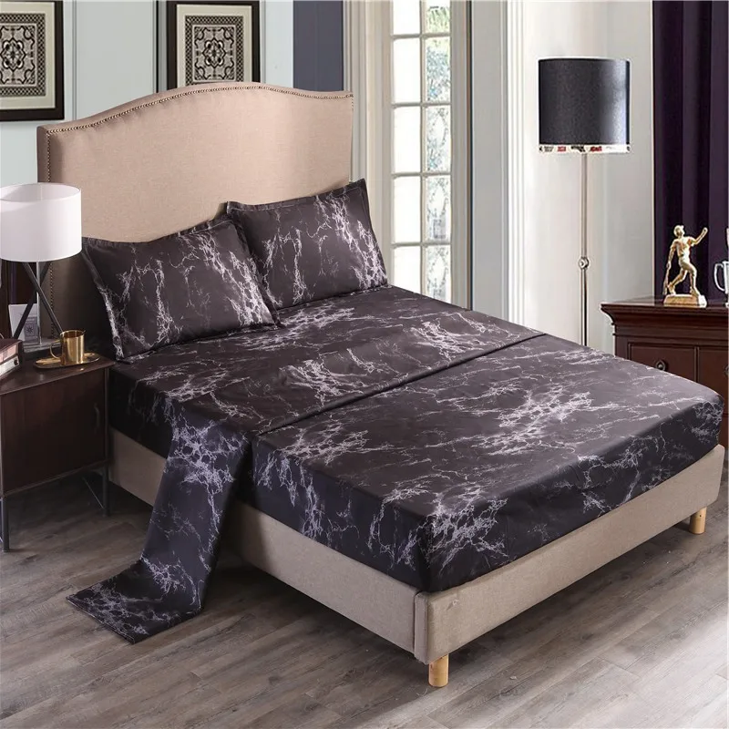 

Black Marble Printing Bedding Sheet Set Comfortable Fitted Sheet Flat Sheet Pillowcase Set Bed Linens For Bedroom 3/4pcs