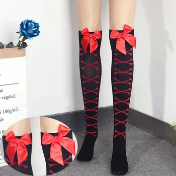 

Sexy Women Bow Stocking Small Bone Pattern Over The Knee High Socks Fashion Knee Silk Stockings Tights Meias Coxa Alta