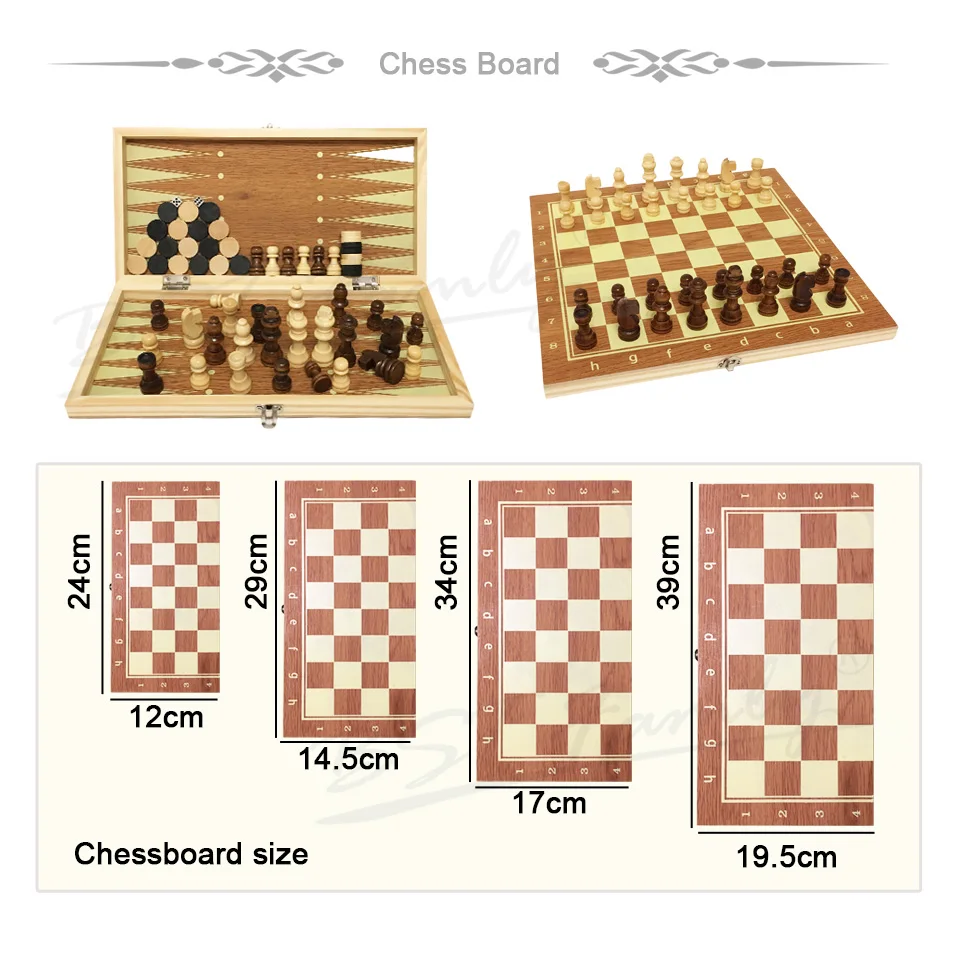 BSTFAMLY 3 in 1 wood chess set portable game international chess checkers backgammon three kinds gameplay game LA3