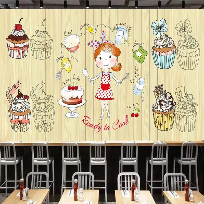 

Custom 3d wallpaper wood grain bottom cute dessert shop cupcakes background wall painting tooling