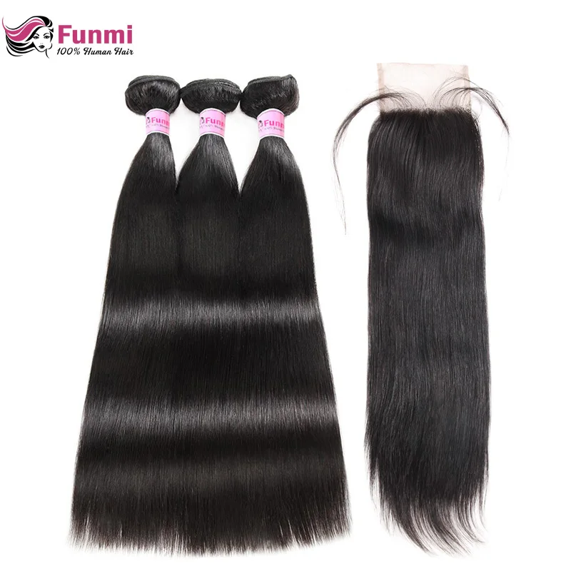 Peruvian Straight Virgin Hair Bundles with Closure with Baby Hair Unprocessed Straight Human Hair Bundles with Closure Funmi