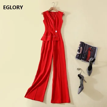

2018 Spring Summer Jumpsuits Women V-Neck Single Button White Color Stitching Ruffles Full Length Elegant Jumpsuit Club Pants