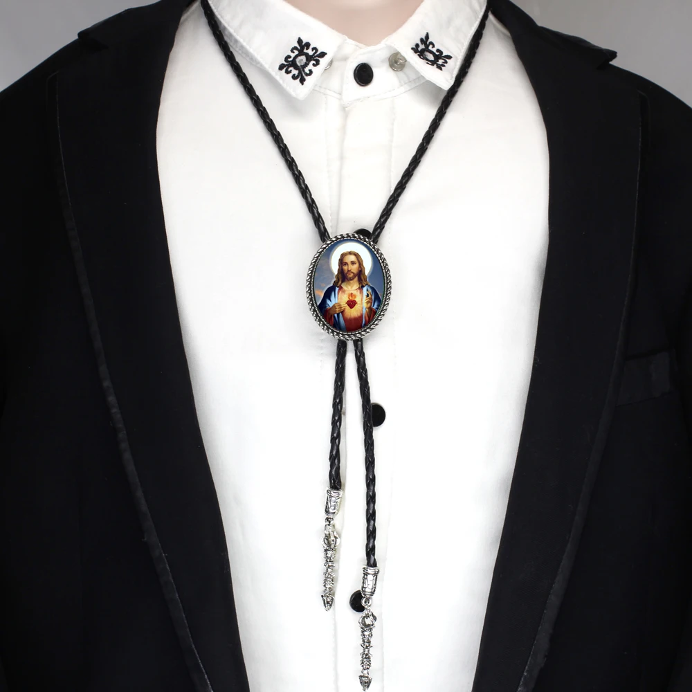 

New Design Western Jesus Bolo Tie Handmade Jesus Christ Leather Neck Tie Suit Shirt Accessories Chain Jewelry Necklace BOLO-0021