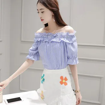 

Sexy Off Shoulder Top Women Blouses Ruffles Slash Neck Ladies Office Shirts Women Tops 2018 Casual Striped blusas