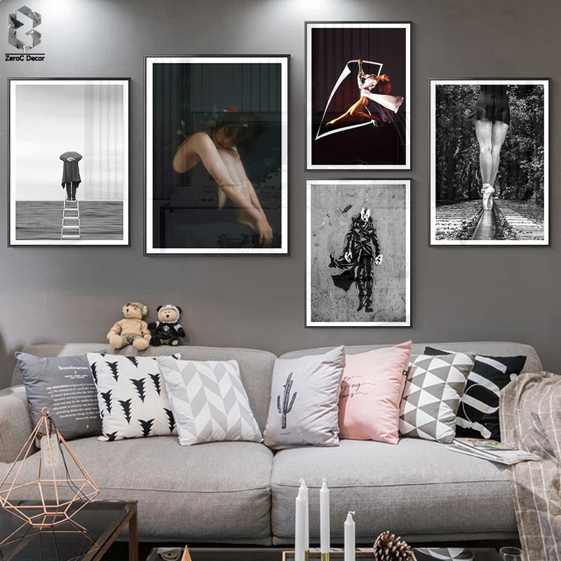 

Abstract Canvas Posters and Prints Dance Girl Black White Painting Wall Art Picture for Modern Cool Color Living Room Decor