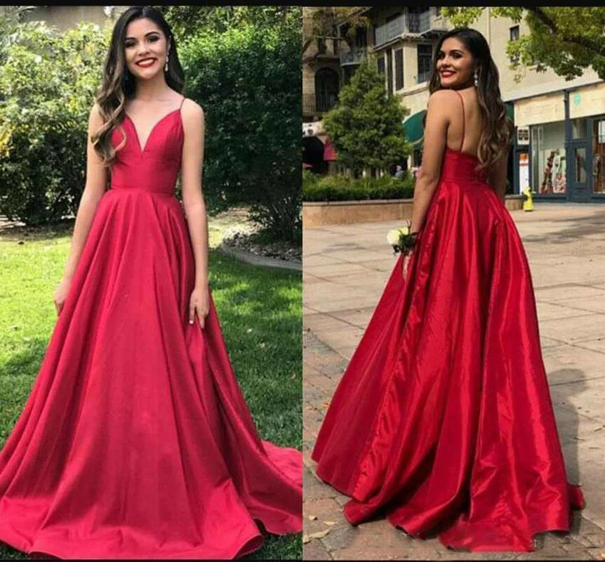 

Sexy Red Deep V Neck Prom Dresses Long Satin Formal Evening Party Pageant Gowns