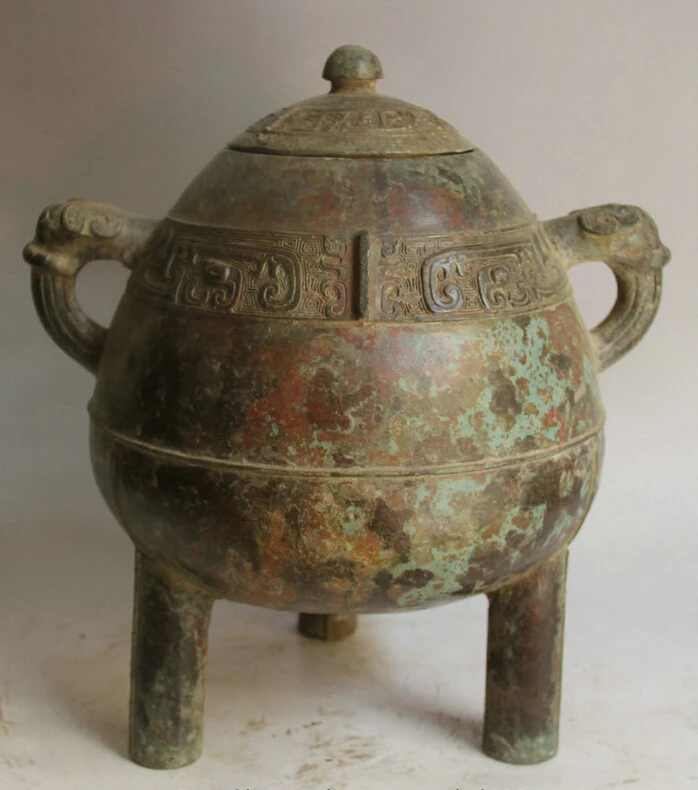 

Elegant old S5675 13" Old China Bronze 3 Foot Beast handle water food vessel kettle Pot Jar Crock statue