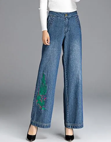 Широкие брюки для женщин плюс размер джинсы с вышивкой джинсовые повседневные штаны женские весна осень новая мода Высокая талия yfq0701
