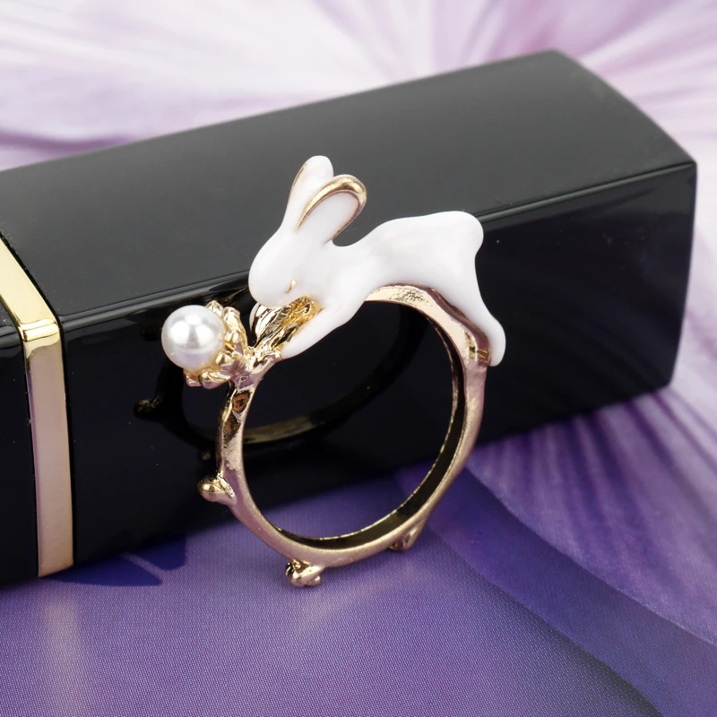 dongsheng Fashion Cute Animal Rabbit White Enamel Bunny Ring Vintage Ceramic Ring For women Jewelry Gifts -25
