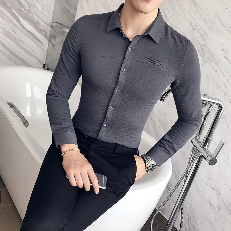 2019 осенние и зимние новые мужские slim футболка с длинными рукавами корейская мода простой Футболка с надписью повседневная мужская рубашка