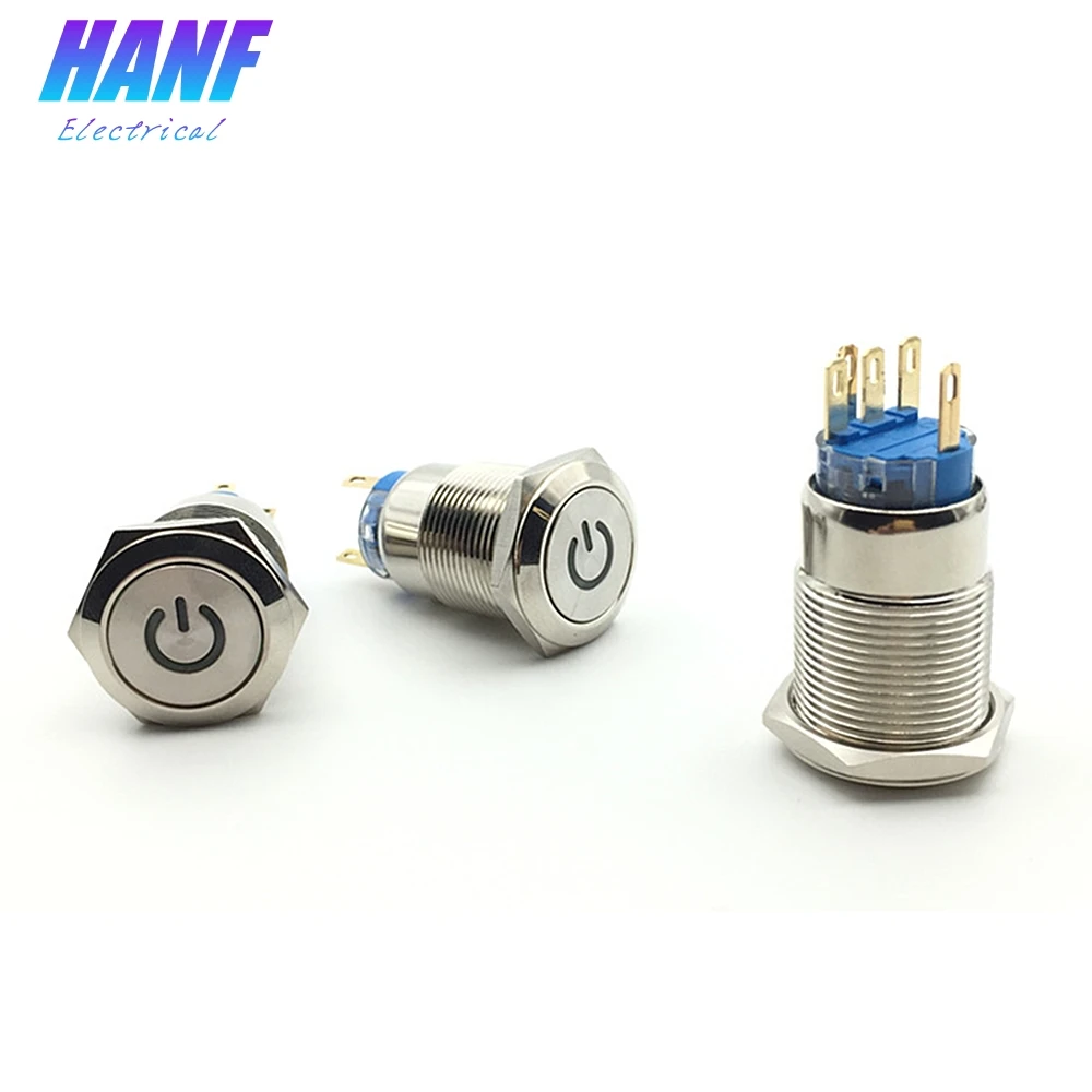 

1pcs 19mm 1NO1NC 3A 250V Momentary Flat Head LED Illuminated Metal Push Button Switch Power Symbol 5pins
