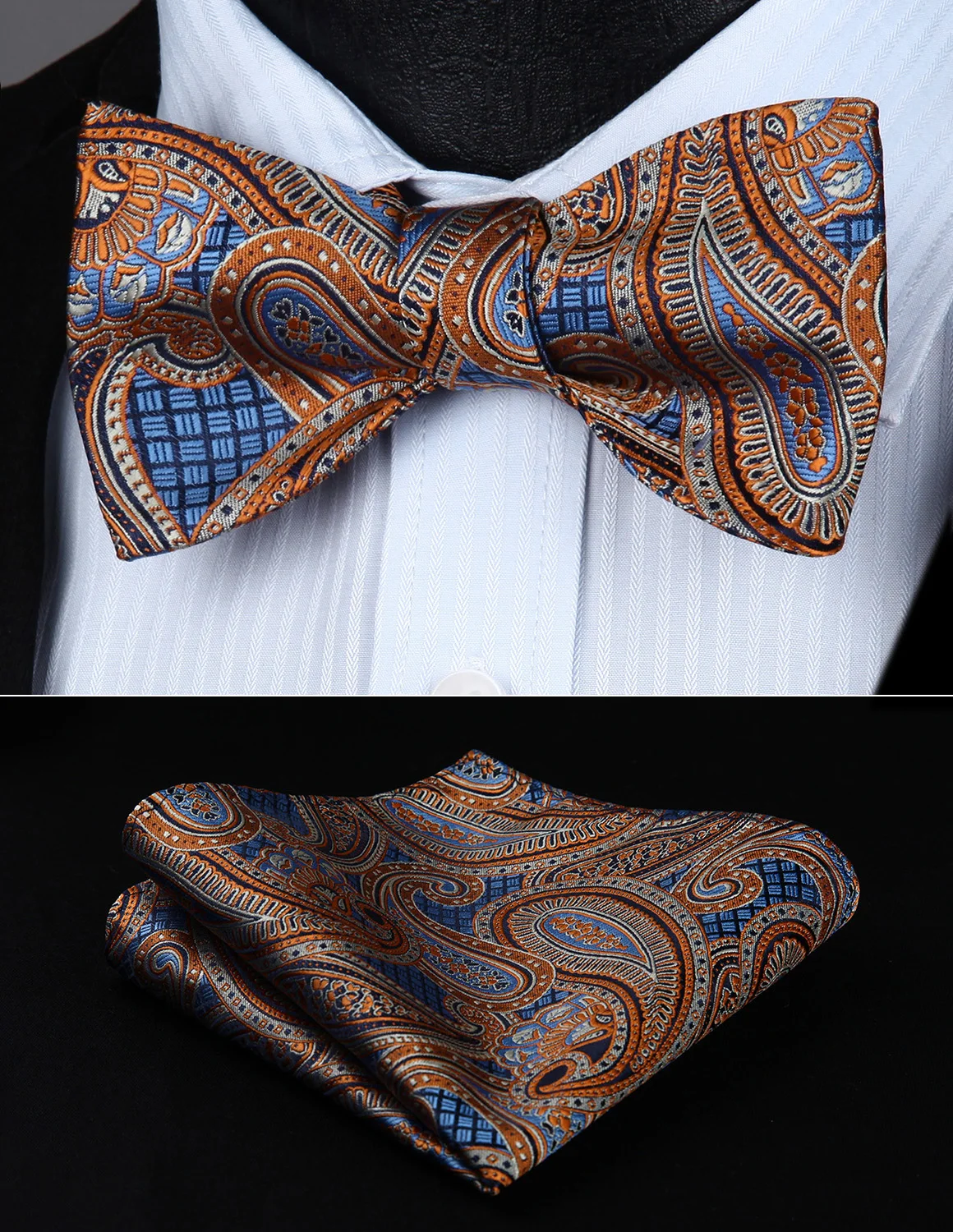  BP826NS Orange Blue Paisley Bowtie Men Silk Self Bow Tie handkerchief set