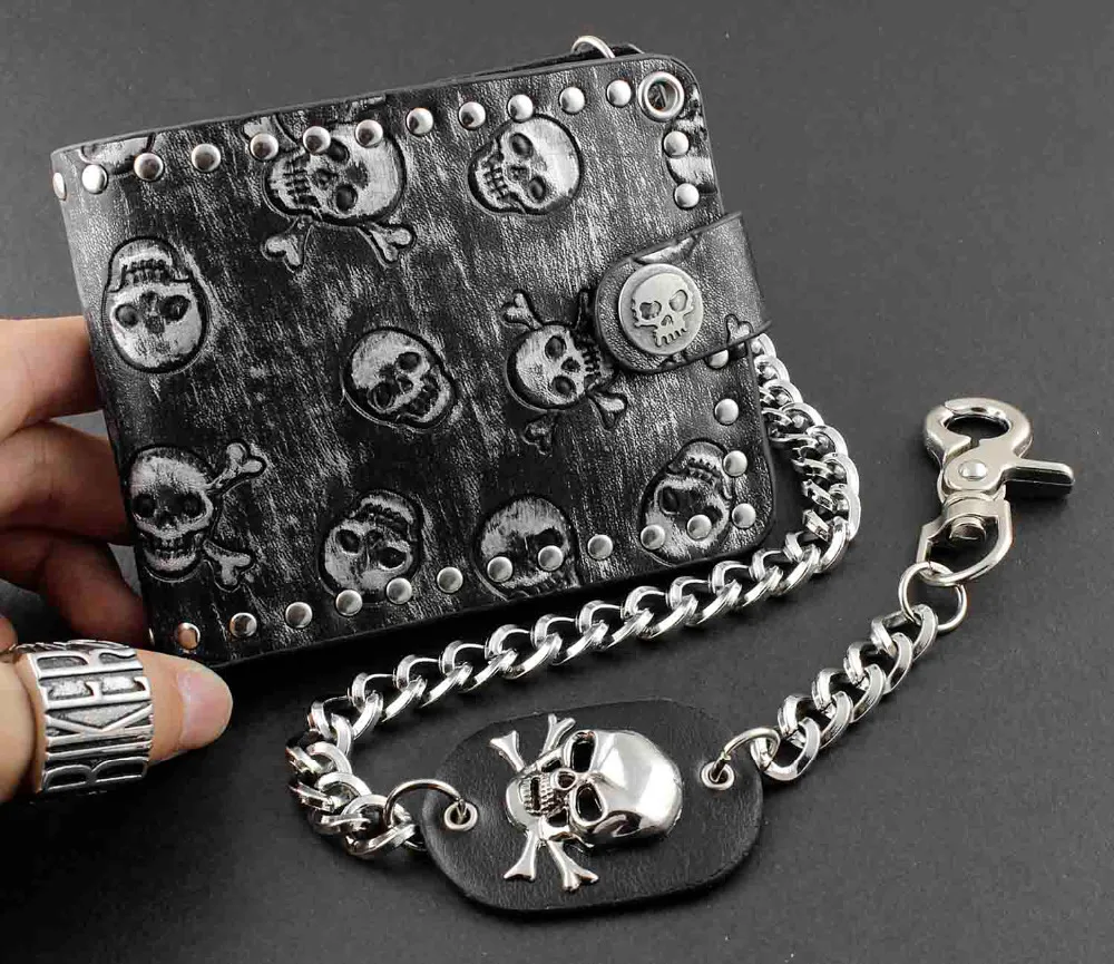 Модные, в стиле рок, Панк Металлический Череп деньги черный мужской кожаный бумажник с цепочкой