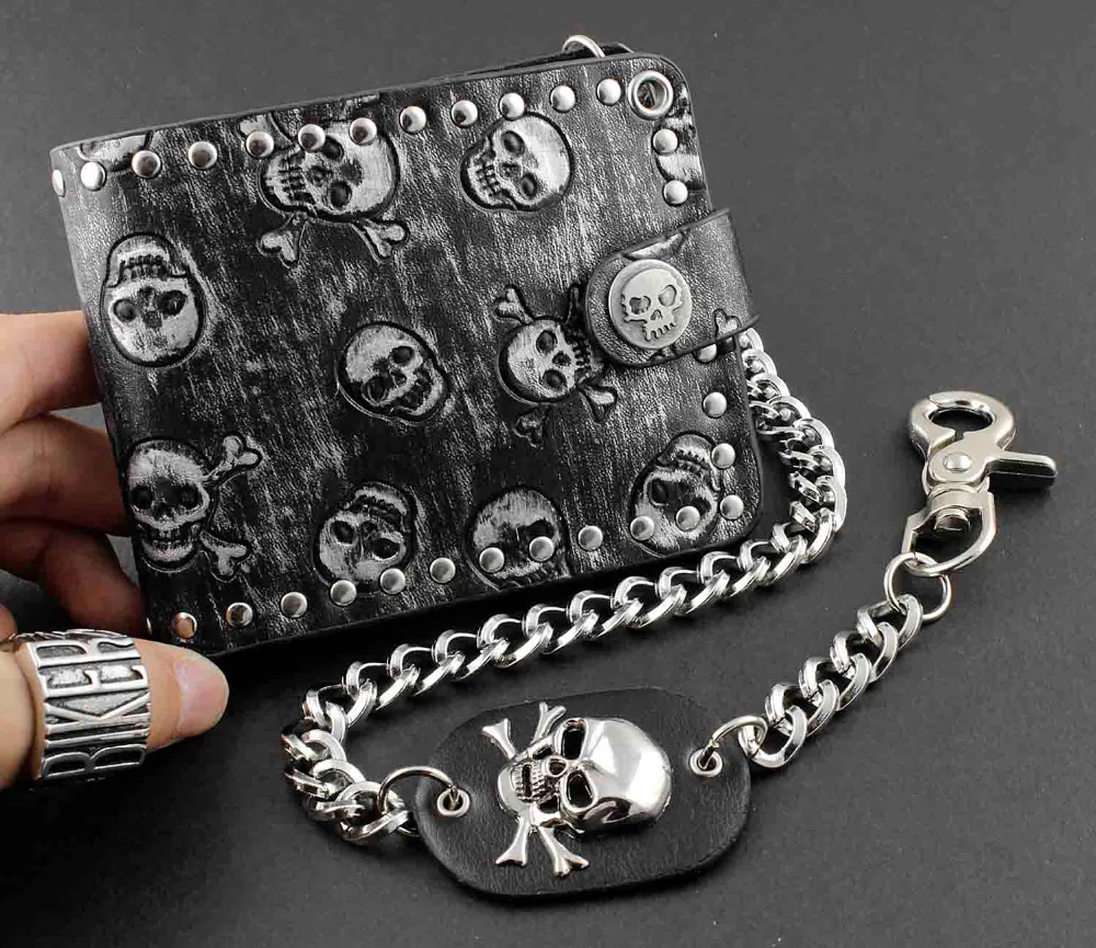 

Fashion Rock Punk Metal Skull Money Black Men's Leather Wallet With A Chain