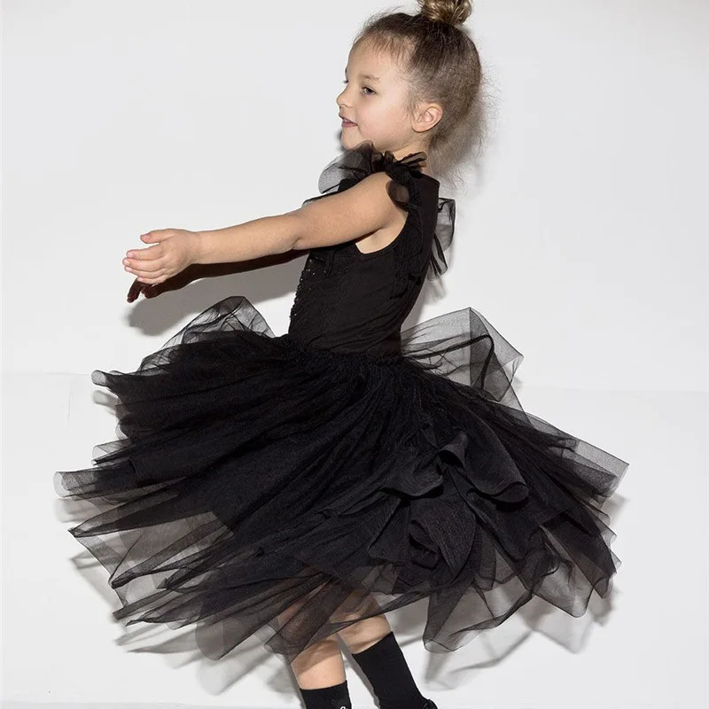 Платье-пачка с блестками для девочек; Детские платья; черный костюм принцессы с вышивкой из бисера и пайеток; одежда для маленьких девочек