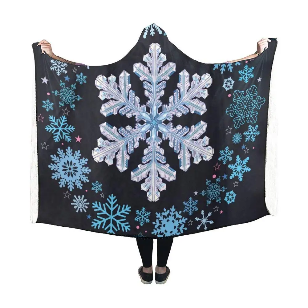 Hooded Blanket Snowflakes Pilling Polar Fleece Hooded Throw Wrapin