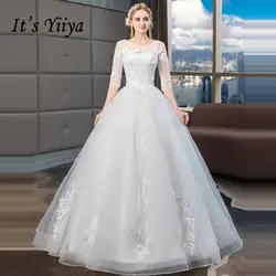 Это YiiYa Свадебные платья 2019 О-образным вырезом Половина рукава Вышивка на шнуровке до пола Свадебное платье Элегантное Novia Casamento HS301