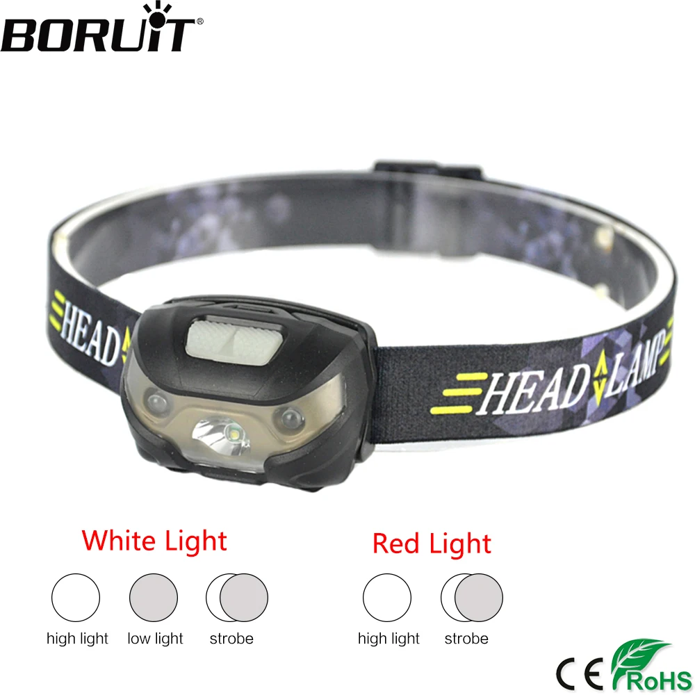 BORUIT 380LM XPE светодиодная мини Фара 5 режимов белый и красный свет налобный фонарь