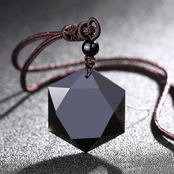 

Drop Shipping Natural Stone Black Obsidian Chinese Six star Lucky Amulet Pendant Necklace For Women Men Jewelry Box Energy Gift