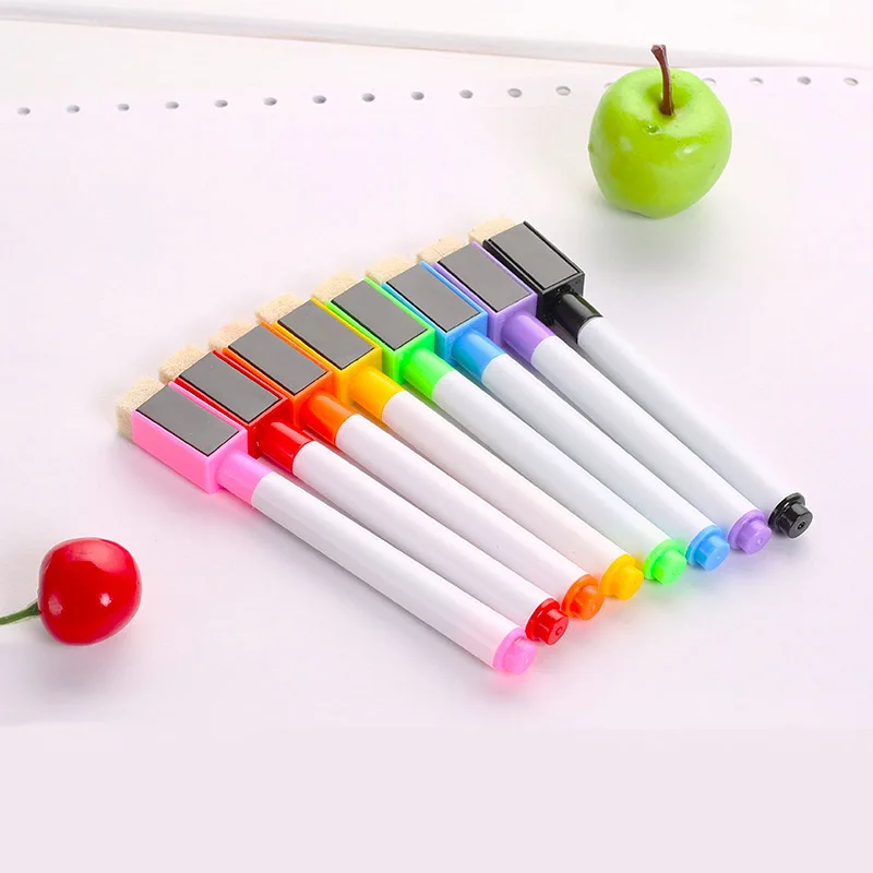 

8PC/Lot Magnetic Colorful Whiteboard Pen Black White Board Markers Built In Eraser School Supplies children's drawing pen escola