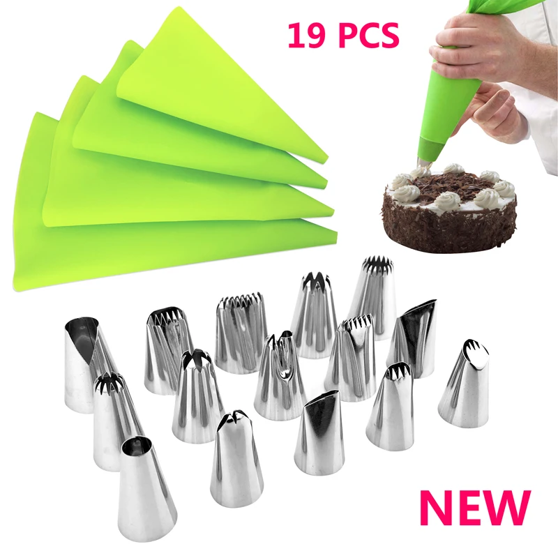 

19Pcs/Sets Cake Decorating Tools 15 Icing Piping Nozzles + 4 Cream Pastry Bags Kitchen DIY Confectionery Tip Set Baking Reusable