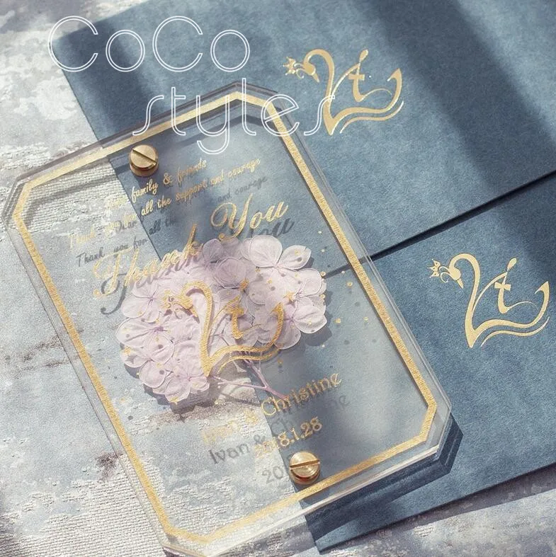  Cocostyles personalized lucid acrylic invitation card with gold engraving design for garden wedding - 32869580836