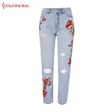 Не гибкие рваные женские джинсы с вышивкой, винтажные женские синие джинсовые брюки-карандаш с высокой талией, повседневные брюки размера плюс