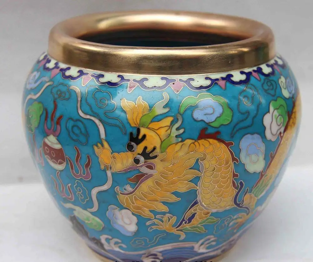 

Royal Copper Handwork Cloisonne Two Dragon kettle Tank jug Jar Pot Crock Vase