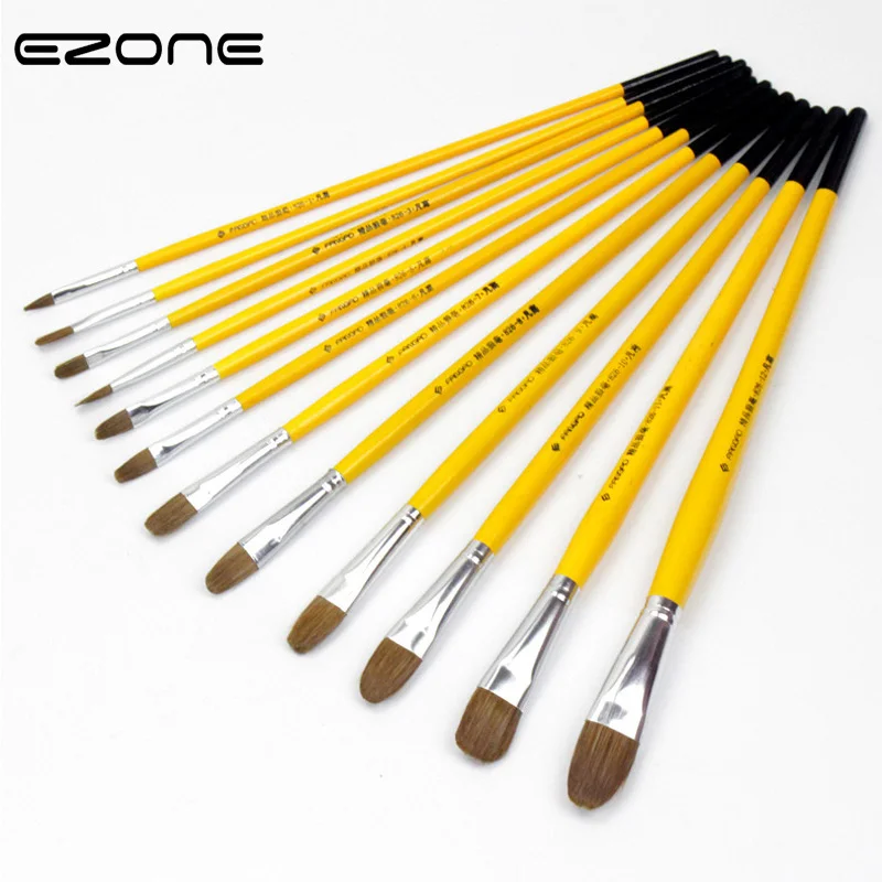 

EZONE Wolf Hair Paint Brush Yellow And Black Wooden Rod Wolf Hair Brushes For Watercolor/Oil Gouache Painting Student Stationery