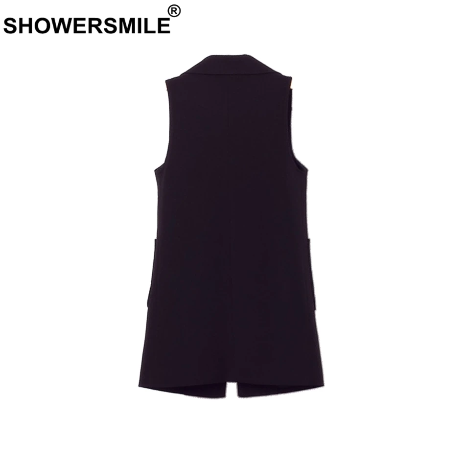 SHOWERSMILE Black Long Waistcoat Women Spring Office Uniform Vest Regular Fit Gilet with Pockets Formal Sleeveless Jacket