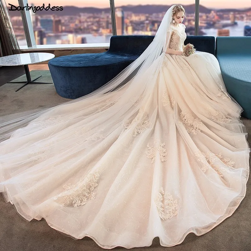 Robe De Mariage роскошное свадебное платье бальное платье с коротким рукавом Свадебные платья Шампанское принцесса свадебное платье с длинным хвостом