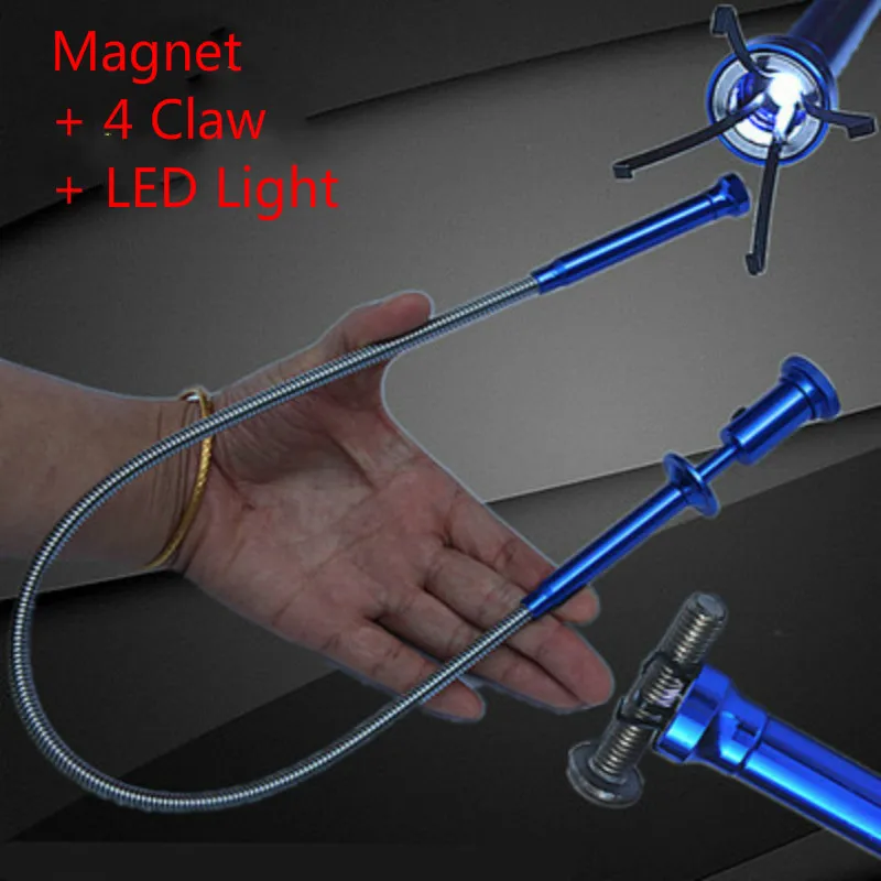 60cm Flexible Pick Up Magnet 4 Claw LED Light Magnetic Long Spring picker Car Repair Catcher Toilet Gadget Sewer Pickup Tool