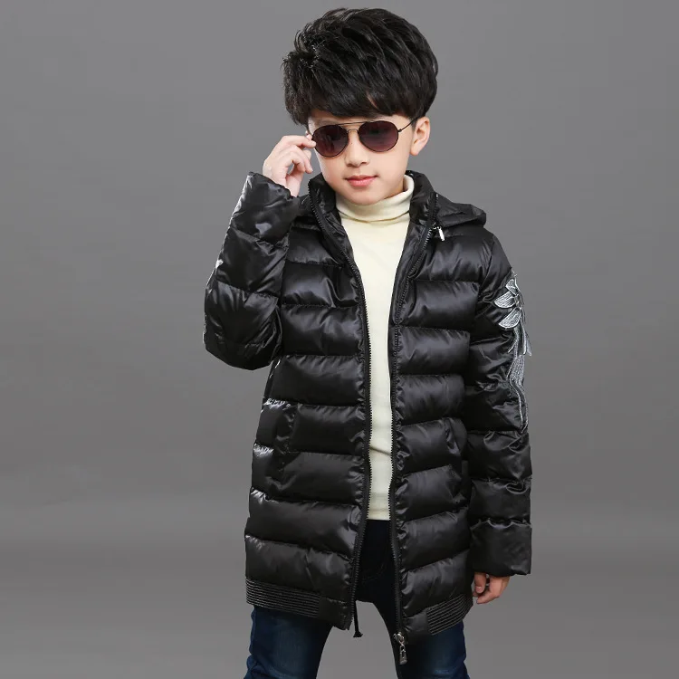 Новое зимнее пальто с хлопковой подкладкой для мальчиков, парки средней длины, зимняя куртка для мальчиков, черный, синий цвет, рост 110-150 см - Цвет: Black