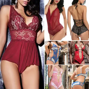 

New Women Sexy Sleeveless Halter Backless Lace Mesh Hot Ladies Bodysuit Jumpsuit Deep V
