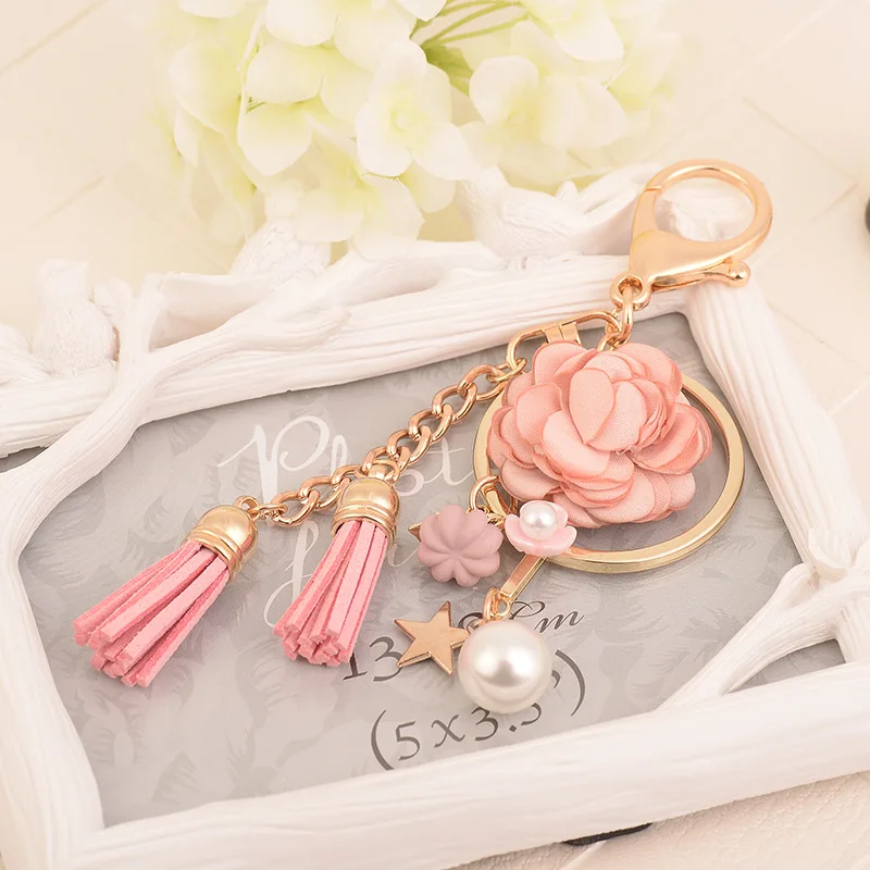 

New Charm Rose Flowers Keychain Key Chain Gold Color Crystal Bow Chain Tassel Key Ring Porte Clef Bag Charm Pendant Jewelry Gift