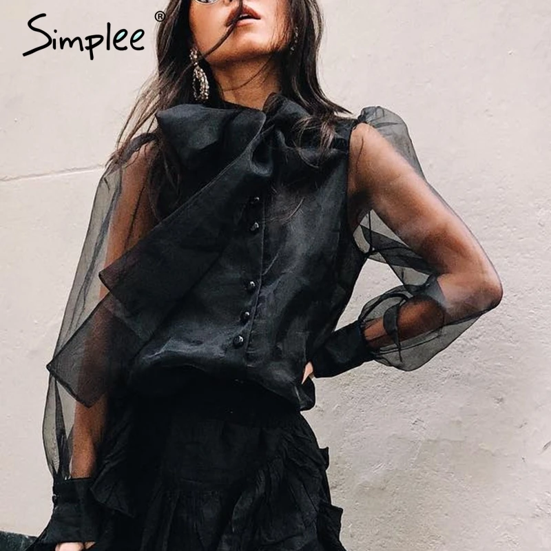 

Simplee Sexy see through mesh women blouse shirt Turtle neck bow tie buttons female black top shirtl Fashion party club blouse