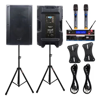 

STARAUDIO 2Pcs 15" Powered 4500W PA DSP Active DJ Audio Speakers KTV Stage Speakers Stands 2CH UHF Wireless Handheld Mic SDSP-15